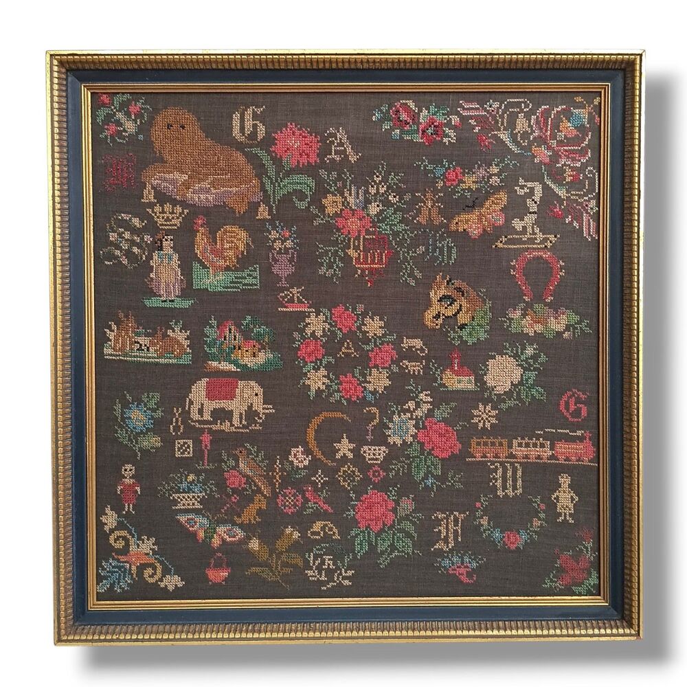 Vtg Paragon Victorian Aubusson Spot Sampler Finished Cross Stitch-Framed-1970s